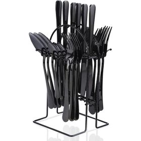 Flatware Set Rack, 24 Piece Gilded Silverware Set with stand, Hanging Stainless Steel Utensils Set Service for 6